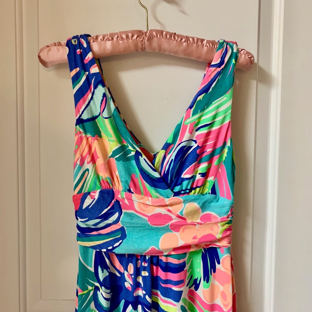 Lilly Pulitzer Teal Pink Blue Tropical Print Midi Dress